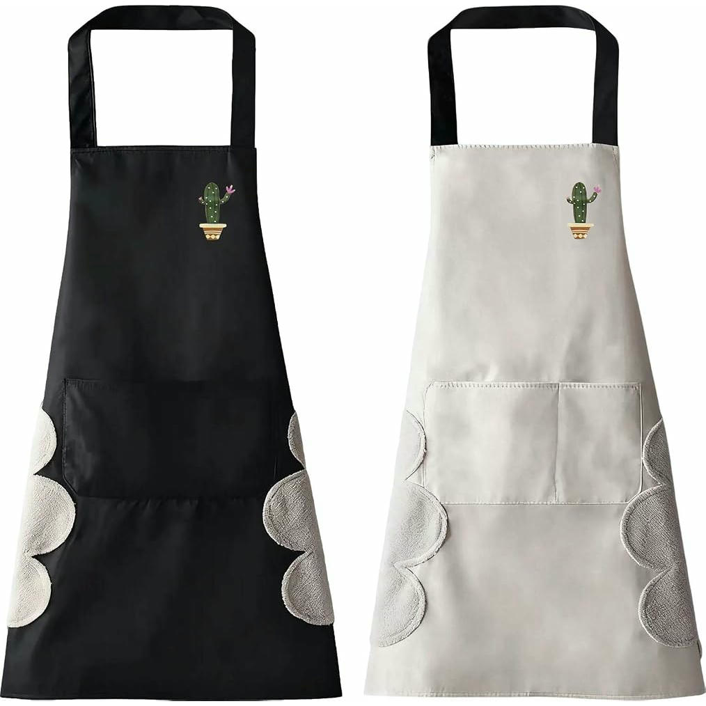 Paquete de 2 Delantales de Cocina para hombre y mujer, con diseño de cactus, impermeable y práctico (Negro y Gris)