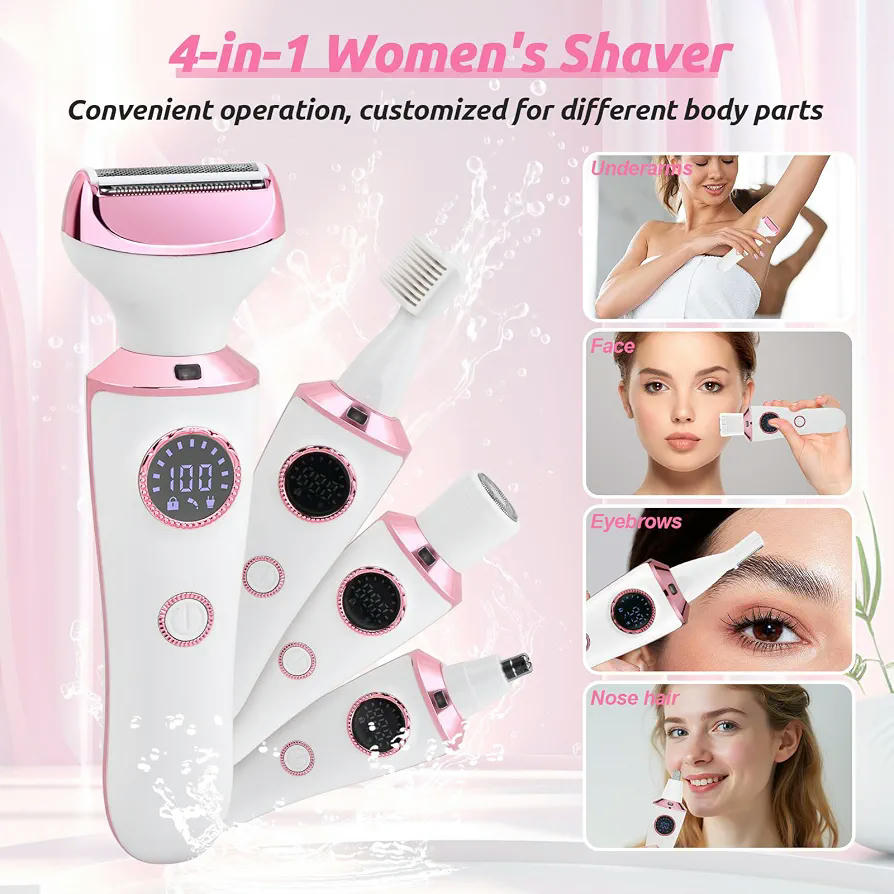 Depiladora Eléctrica 4 en 1 para Mujer, Maquinilla de Afeitar con Cuchillas Intercambiables y Carga USB (Rosa)