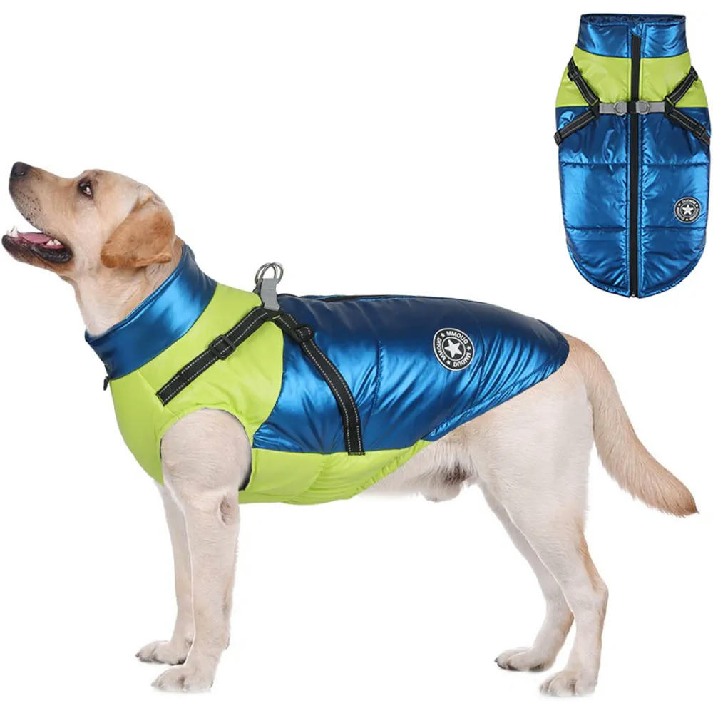Abrigo para perro con arnés, chaqueta impermeable, chaleco reflectante ajustable para perros, modelo XL, azul, adecuado para clima frío