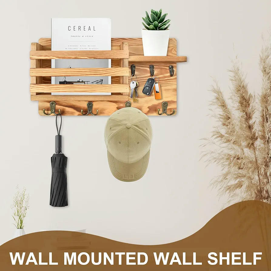 Organizador de Llaves y Correo de Madera Natural con 4 Ganchos Dobles, Estante Pared para Entrada, Diseño Rústico, Compatible con Decoración de Hogar
