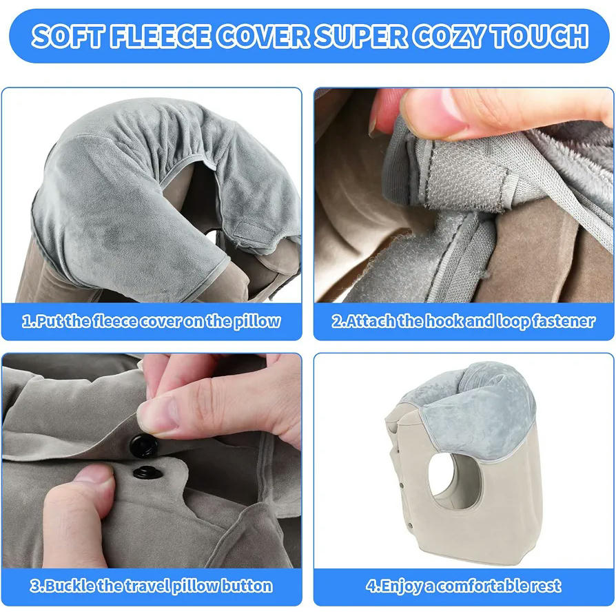 Almohada de Viaje Hinchable con Soporte Cervical, Fácil de Inflar, Ideal para la Oficina y Viajes, en bolsa de transporte, Color Gris