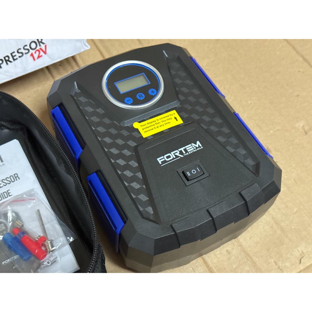 FORTEM Inflador de Ruedas de Coche, Compresor de Aire - Compresor de Aire Portátil para Ruedas de 12 V con Luz LED - Manómetro Digital, Autobombeo, Parada Automática - Bolsa de Transporte (Azul)