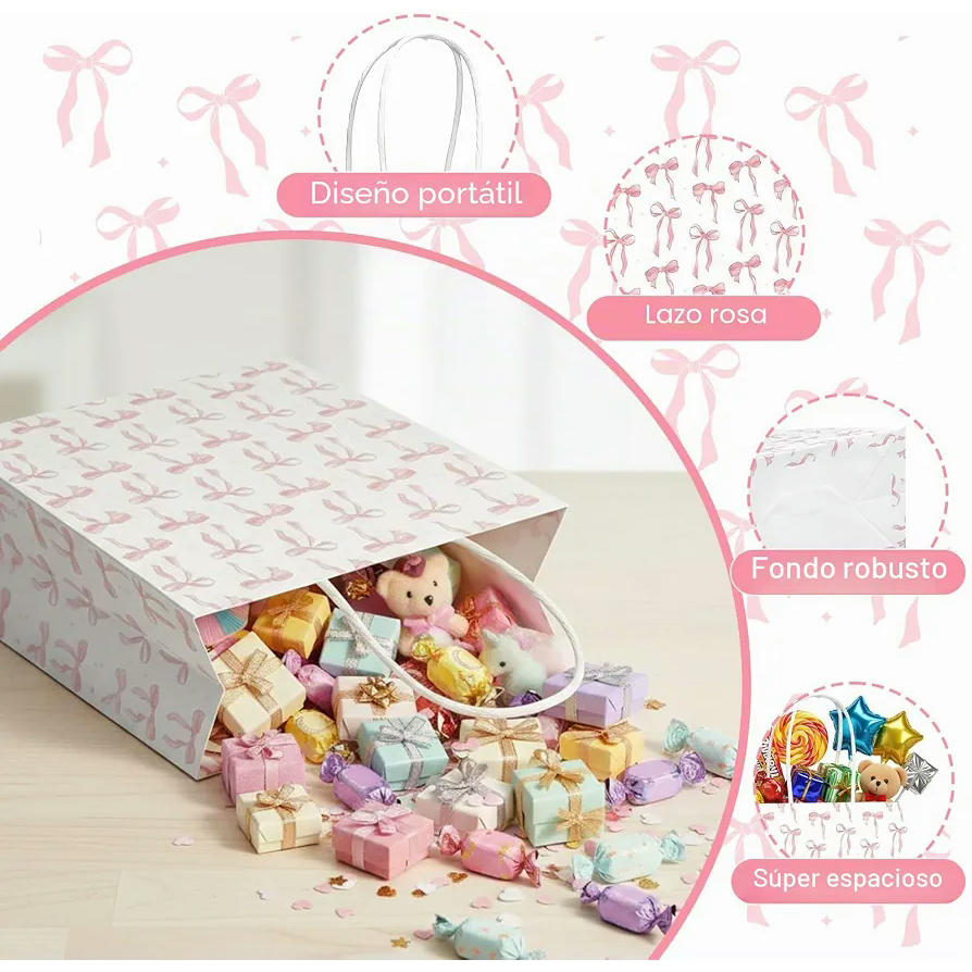 16 Bolsas de Papel de Regalo reutilizables con lazo rosa, 21 x 15 x 8 cm, ideales para cualquier celebración
