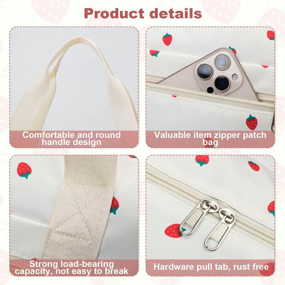 Bolsa de viaje, camping, gimnasio, para mujer con bolsillo impermeable, ideal para gimnasio y fin de semana, capacidad 20-35 L (Beige con diseño de fresas)