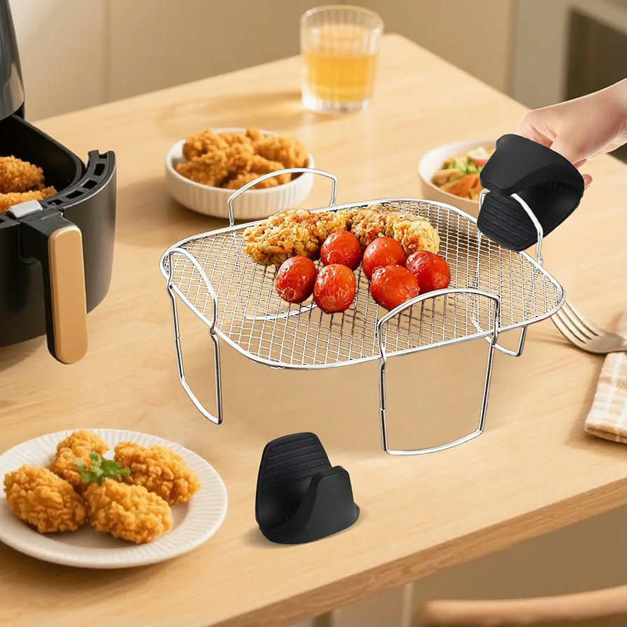 Soporte de acero inoxidable para freidora de aire, accesorio multiusos con guantes de silicona, 20,8 x 20,6 x 9 cm, ideal para deshidratar frutas y carnes
