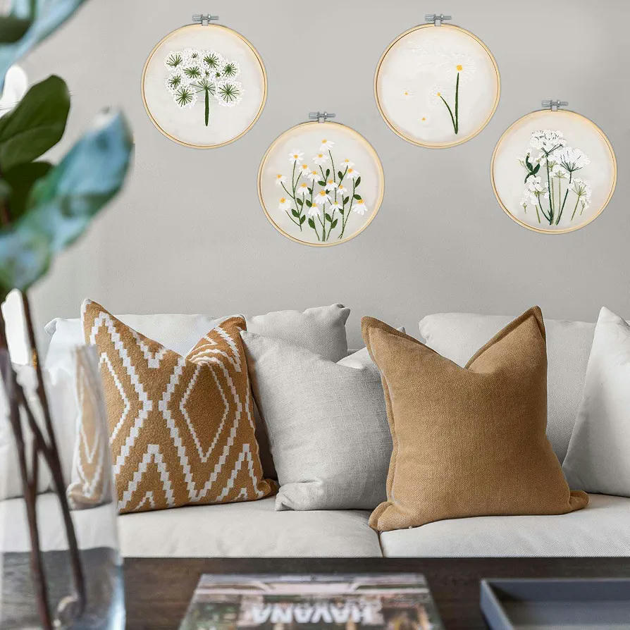 Kit de Inicio de Bordado con Patrón de Flores y Pájaros, Instrucciones y Herramientas Incluidas (Blanco Beige)