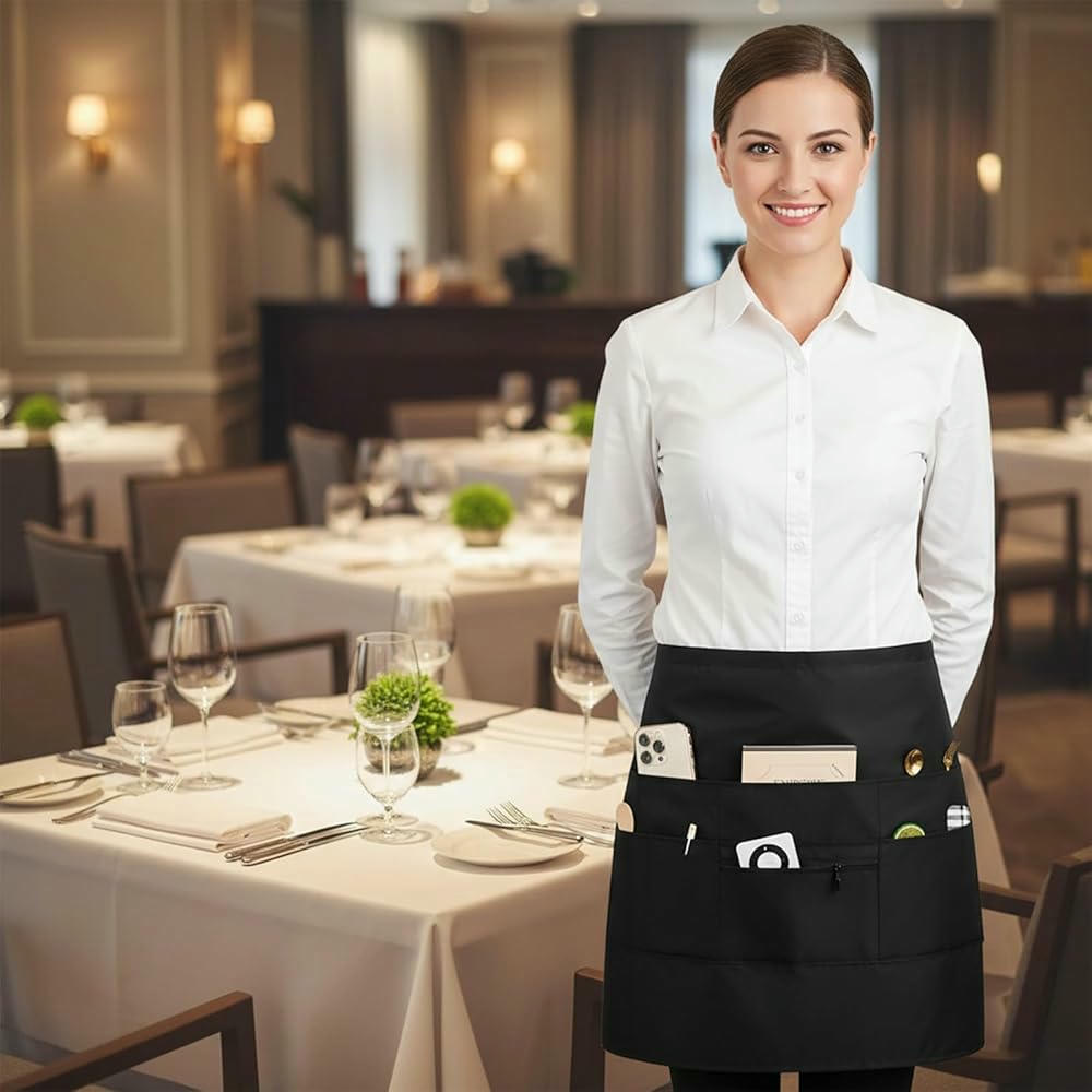 Delantal de Cocina Unisex con 8 Bolsillos - Corta Cintura, 71x50 cm, Color Negro