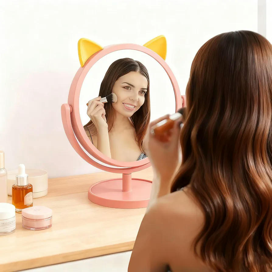 Espejo de Maquillaje Redondo Ajustable 15 cm con Diseño de Orejas de Gato Plegable y Desmontable, Amarillo