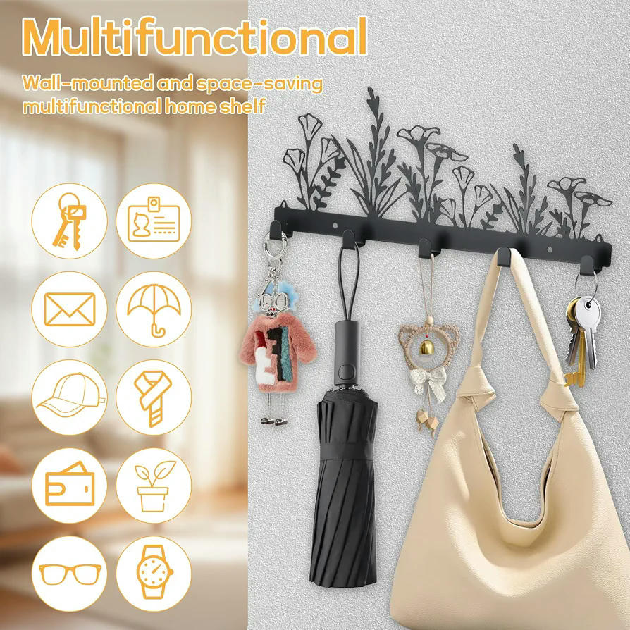 Soporte para llaves de pared con ganchos, metal negro, ideal para cocina y entrada, con diseño moderno (Negro)