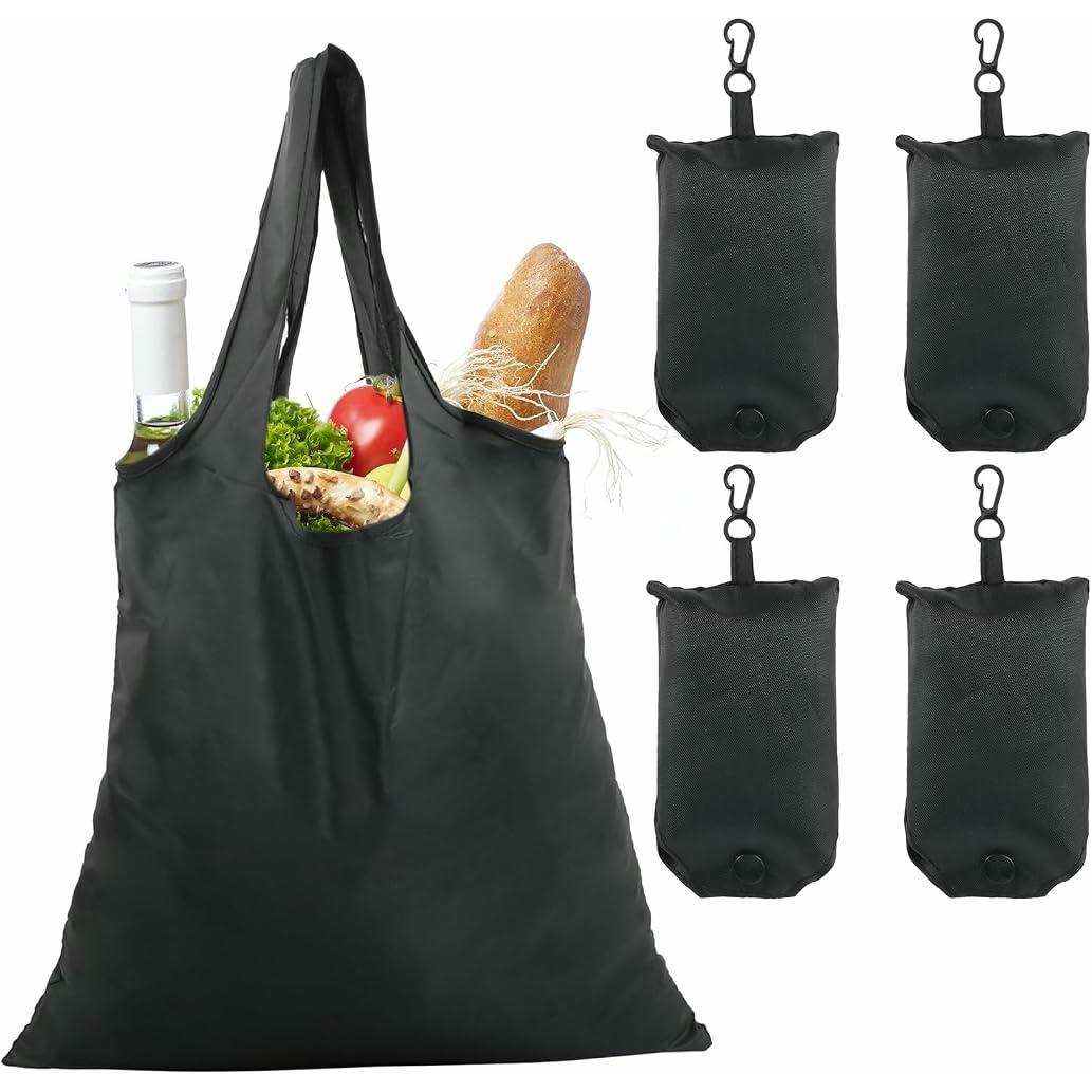 Bolsa Plegable Reutilizable de Tela Oxford, Paquete de 4 Unidades, Tamaño Expandido de 48x36.5 cm, Ideal para Compras y Viajes (Negro)