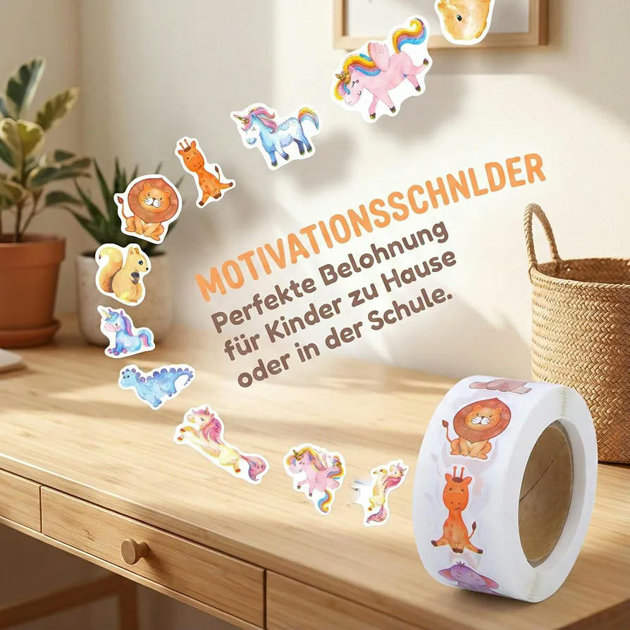 2000 Piezas de Pegatinas Infantiles de Animales en Rollo para Recompensa y Manualidades (Multicolor)