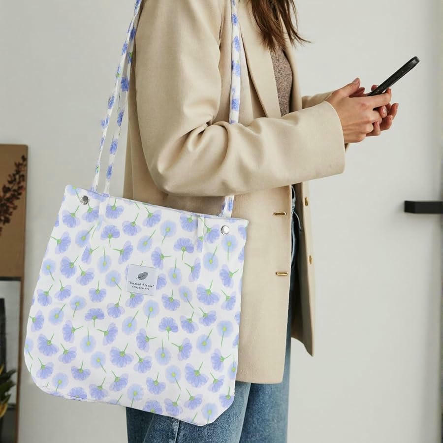 Bolso Tote Bag de Pana para Mujer, Casual y Elegante con Patrón Floral y Gran Capacidad (Azul)