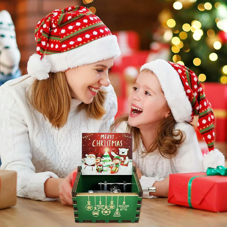 Caja de Música de Madera con Manivela, Caja Musical Clásica, Decoración Artesanal para el Hogar, Regalo Ideal para Cumpleaños y Celebraciones (Color Rojo) Estilo Navidad, Santa Claus y Muñeco de Nieve