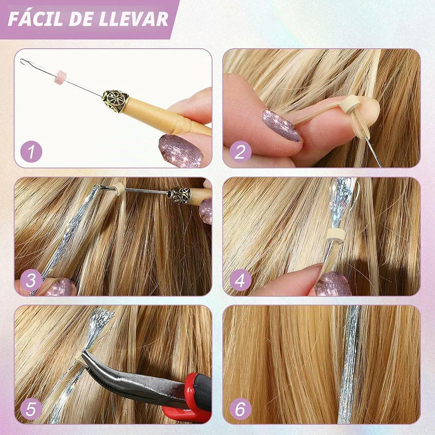 Extensiones de Cabello Sintético de 120 cm con Brillos Plata para Peinados (Multicolor)