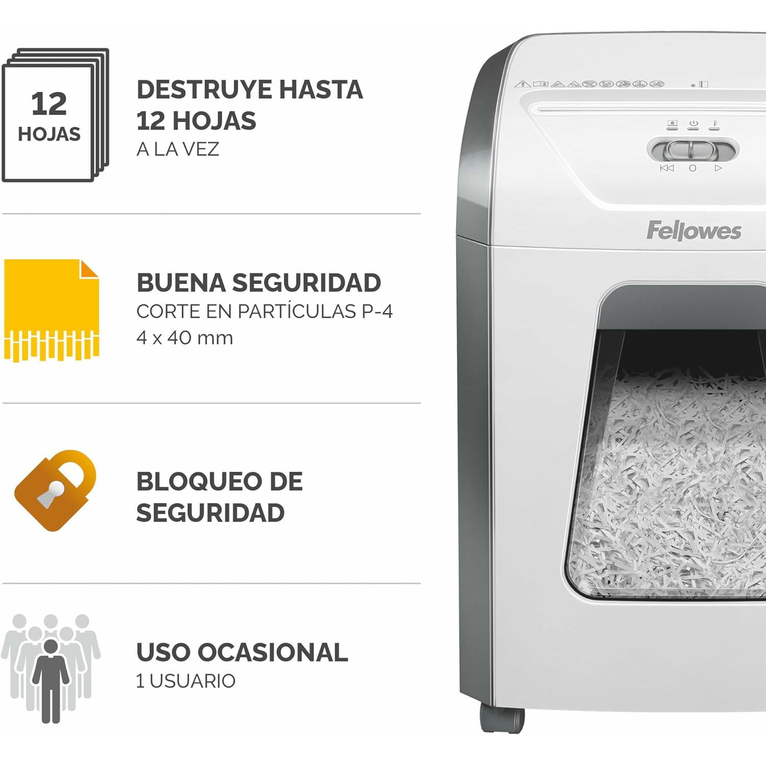 Fellowes FS-12C - Trituradora de Papel, Corte en partículas, destruye hasta 12 Hojas, destructora de Papel Uso Personal, Papelera 19L, Nivel de Seguridad DIN-P4, Exclusiva de Amazon