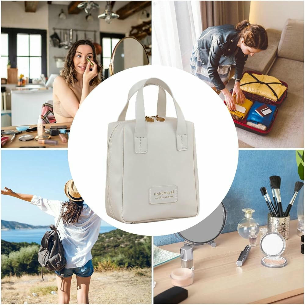 Neceser de maquillaje multifuncional de piel sintética con asa - Organizador de viaje para mujer (Blanco)