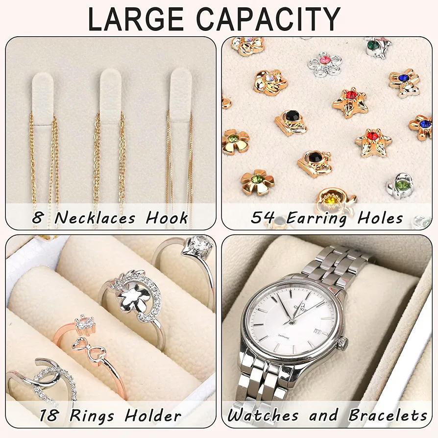 Joyero para Mujer, Caja Organizadora de 2 Capas con Almohadillas para Relojes, Cuero de PU, Joyero de Viaje para Aretes, Anillos, Collares y Pulseras, Color Azul