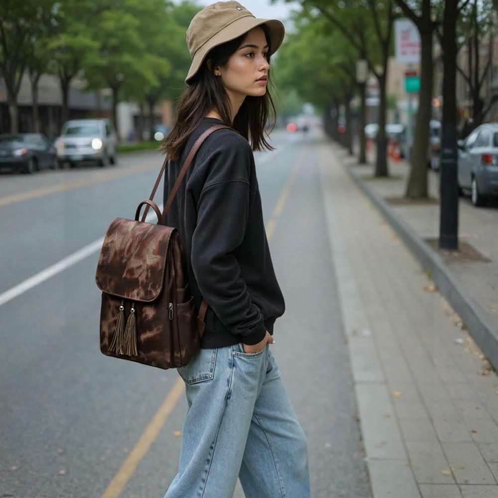Mochila Antirrobo de Cuero PU para Mujer, Impermeable y con Multibolsillos (Marrón)