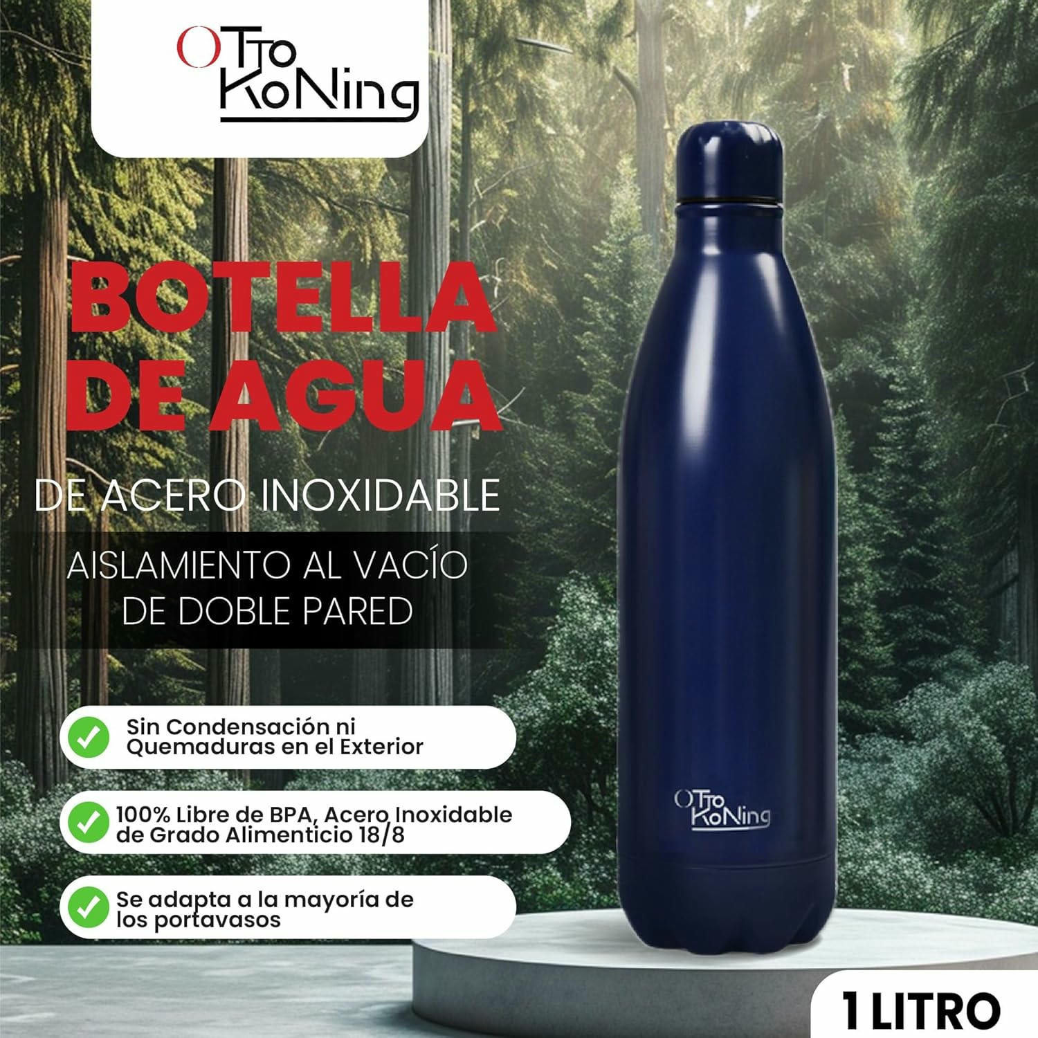 Botella de Agua Acero Inoxidable 1 Litro-Otto Koning-Botella Térmica con Doble Aislamiento al vacío para 12 Horas de Bebida Caliente y 24 Horas de Bebida Fría. Botella Termo a Prueba de Fugas sin BPA
