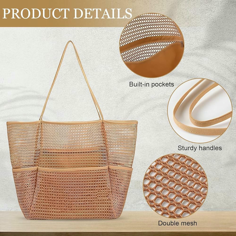 Bolsa Grande de Malla para Mujer con Cremallera y Bolsillos, Ideal para Playa y Compras (Marrón)