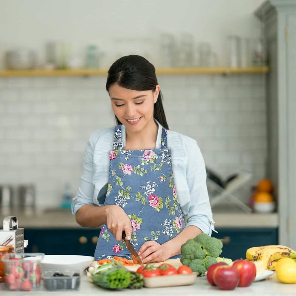 Delantales de Cocina para Mujeres, 2 Piezas, Algodón Floral, Ajustables, con 2 Bolsillos, Ideales para Cocinar, Hornear y Jardinería (Multicolor)