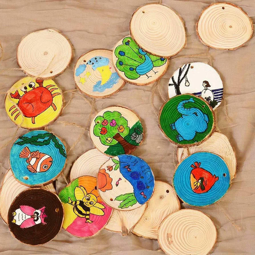 30 Discos de Madera Natural, Perforados, 6-7 cm, con 10 m de Cuerdas, para Decoración