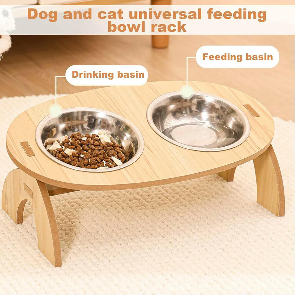 Comedero Elevado para Gatos con 2 Cuencos de Acero Inoxidable y Soporte de Madera de 33 cm (Marrón)