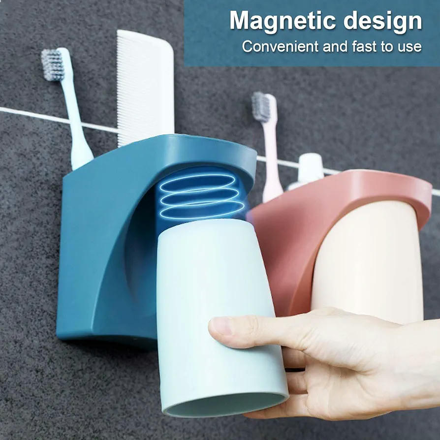 Soporte de Cepillo de Dientes Magnético con Tazas Invertidas - 2 Piezas en Rojo y Azul
