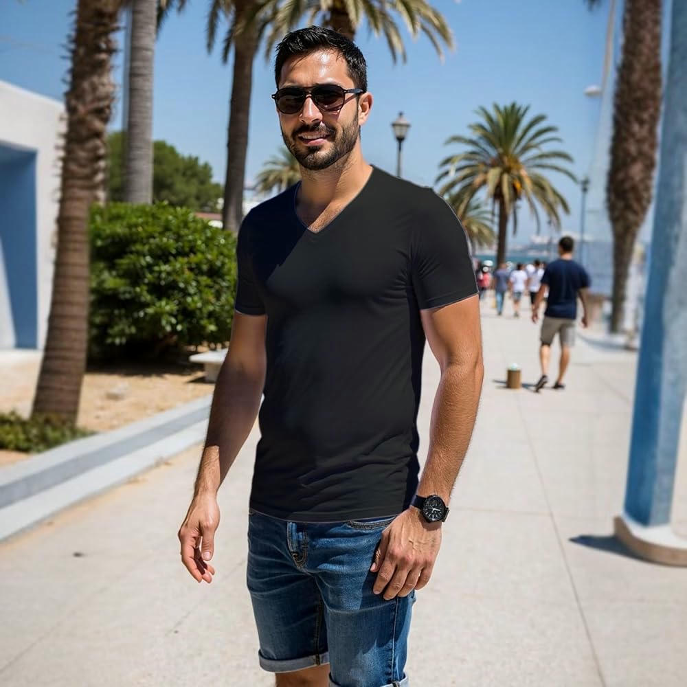 Paquete de 5 camisetas de hombre unicolor negro con cuello en V, camisetas de manga corta de fibra de leche, ideales para uso diario y ocasiones informales, Talla M/L