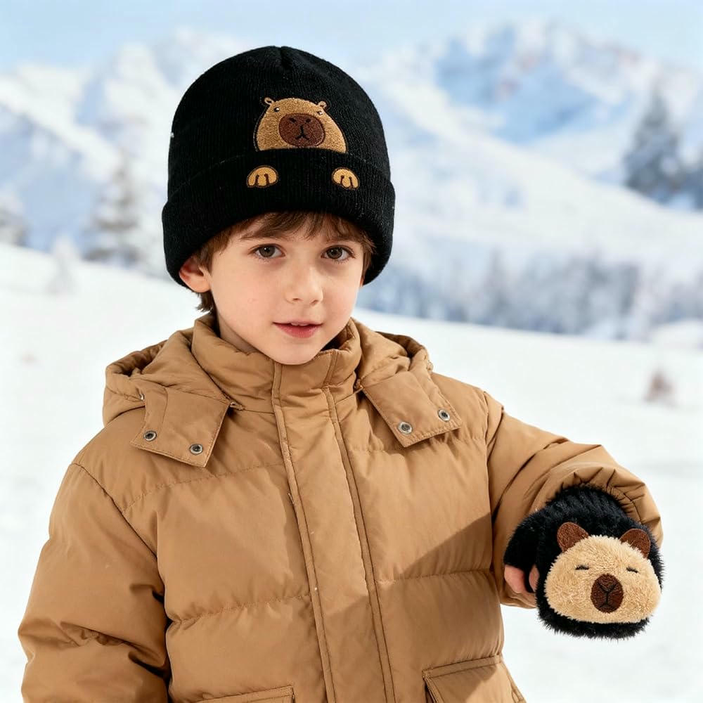 Gorro de Punto Negro con Guantes para Climas Fríos con diseño de animal Capibara (Negro)
