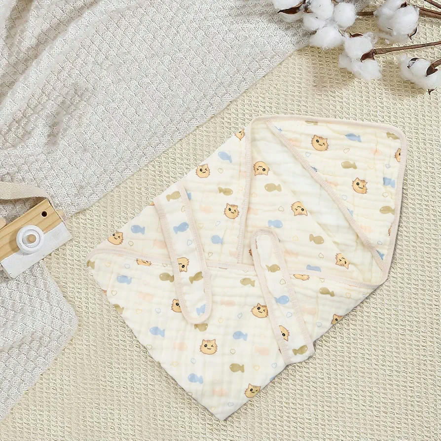 Manta Premium de Muselinas de Algodón 90x90 cm para Bebé Recién Nacido con Lazos, 6 Capas, Beige