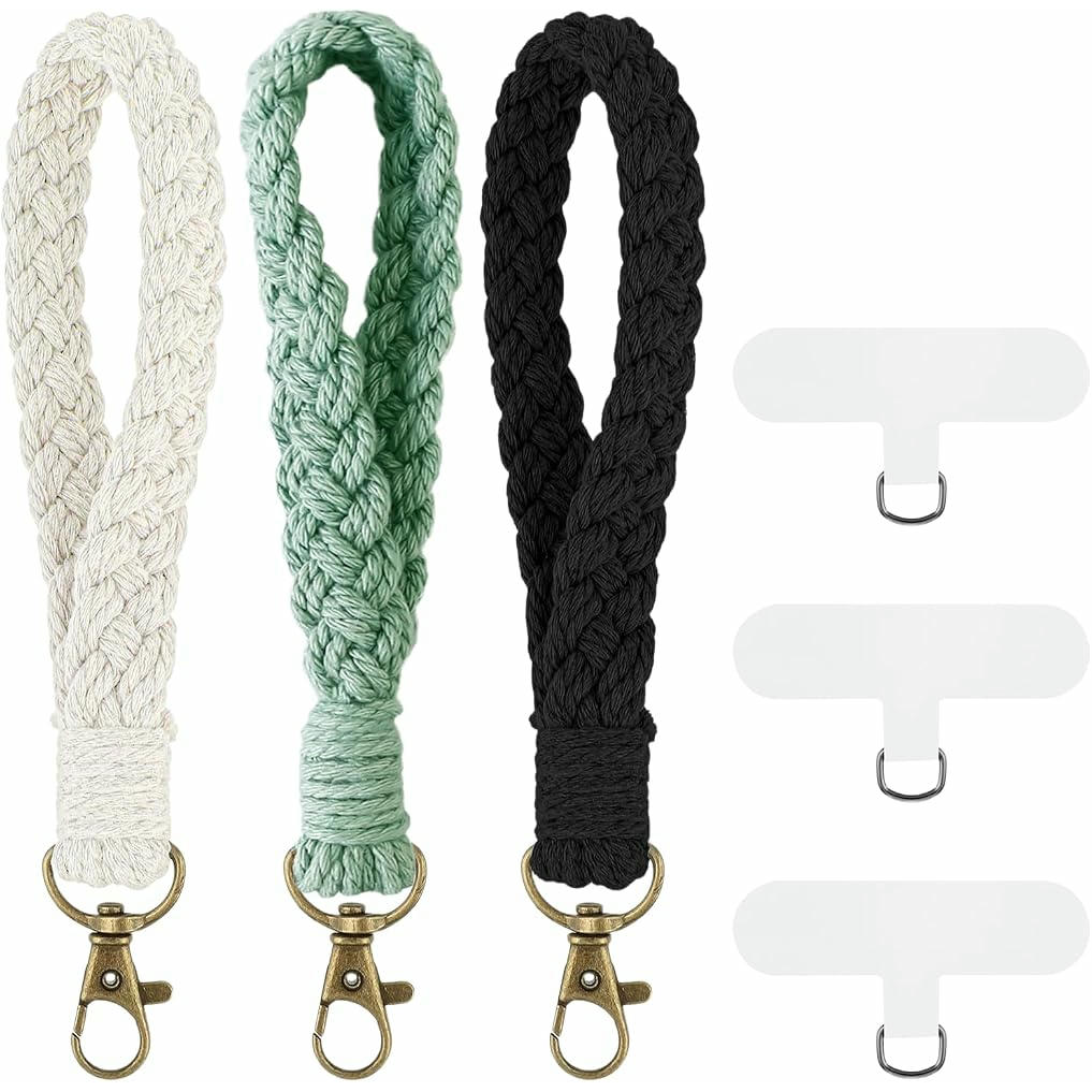 Llavero Pulsera Trenzada Hecho a Mano, Con Anilla en D Transparente, Set de 3 Colores (Blanco, Verde, Negro)