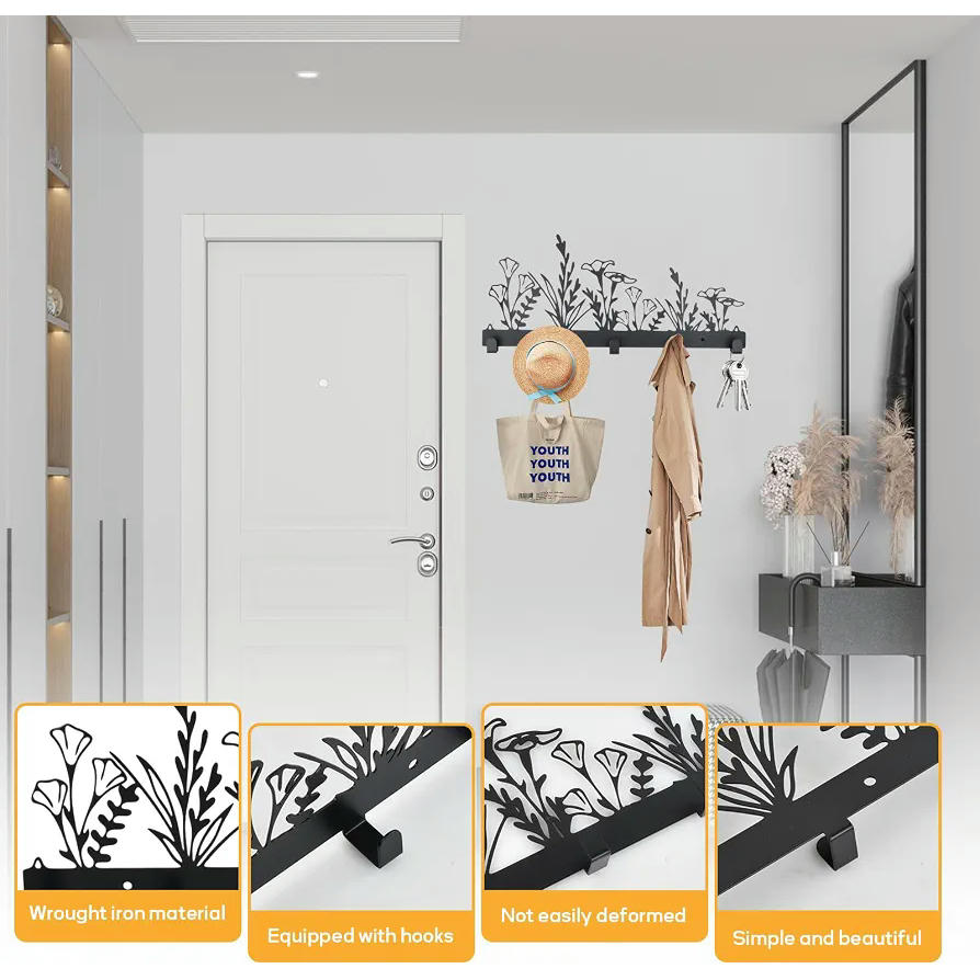 Soporte para llaves de pared con ganchos, metal negro, ideal para cocina y entrada, con diseño moderno (Negro)