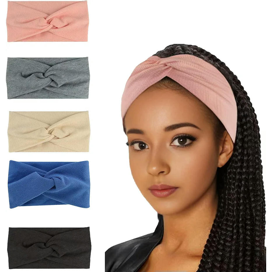 Turbante Elástico Paquete de 5 unidades, Diademas Anchas para Mujer, Cintas de Pelo Suaves para Yoga y Ejercicio, Colores Variados Blanco Roto, Azul Marino, Gris Claro, Gris Oscuro, Rosa (Multicolor)