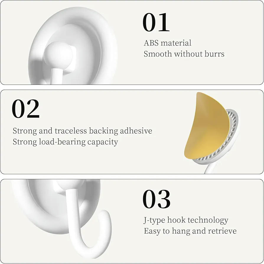Juego de 4 ganchos adhesivos blancos de marca, ganchos en forma de J sin marcas, impermeables para baño y cocina, base adhesiva de 5,5 cm (Blanco)