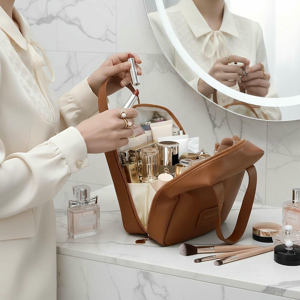 Neceser de Maquillaje para Mujer de Cuero PU con Asa y Compartimentos para Organización (Marrón)