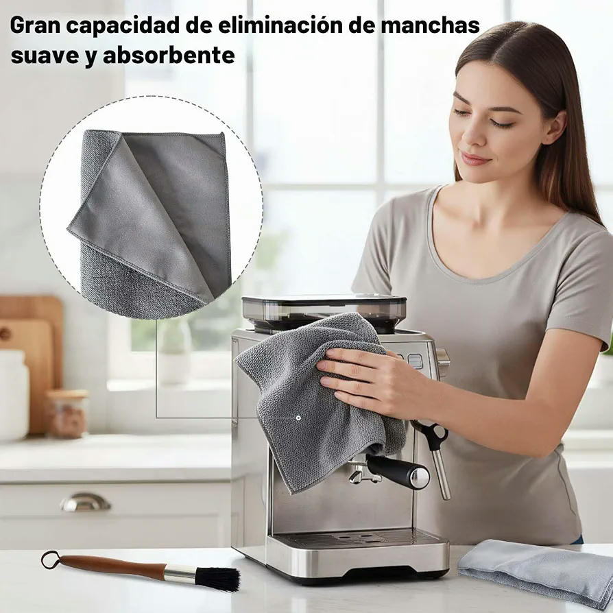 Set de Limpieza para Cafeteras con Brocha de Madera y 2 Paños de Microfibra (Gris)