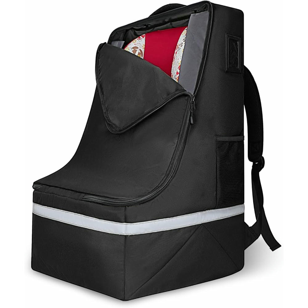 Bolsa de viaje para asiento de coche, mochila acolchada con correa para hombro, funda ideal para transporte en avión, incluye rayas reflectantes (color negro)