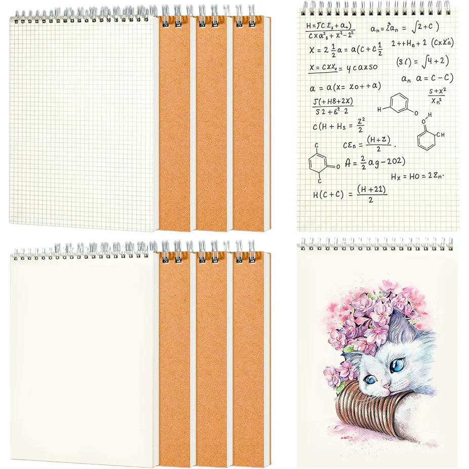 Paquete de 8 Cuadernos - Bloc de Notas A6 con Encuadernación Metálica (14,4 x 10,1 cm) - 4 con cuadricula y 4 en blanco