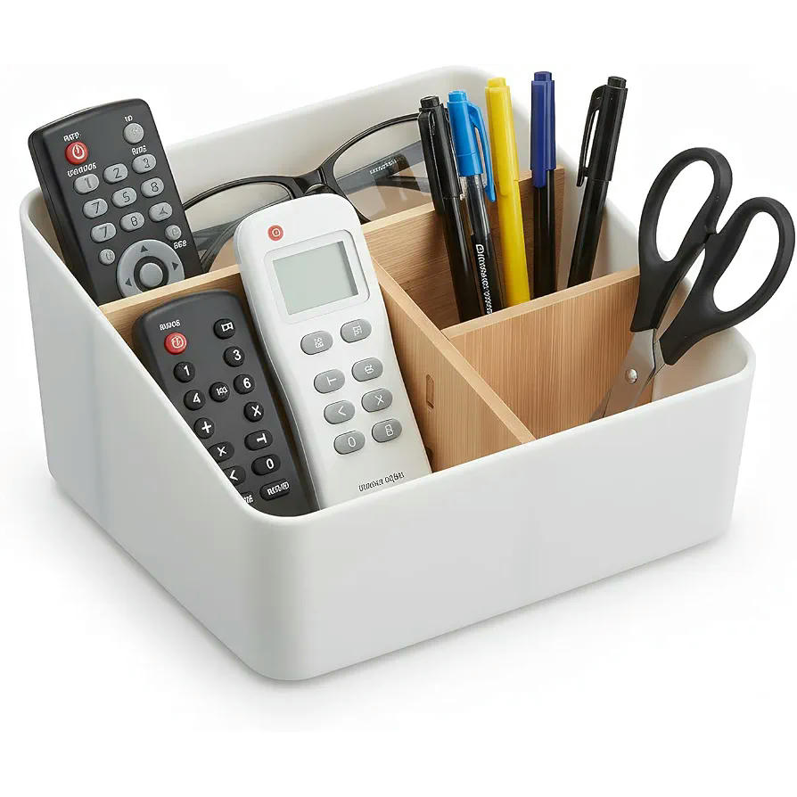 Organizador de Escritorio con 4 Compartimentos en Bambú para Cosméticos, Plumas y Accesorios (Gris)