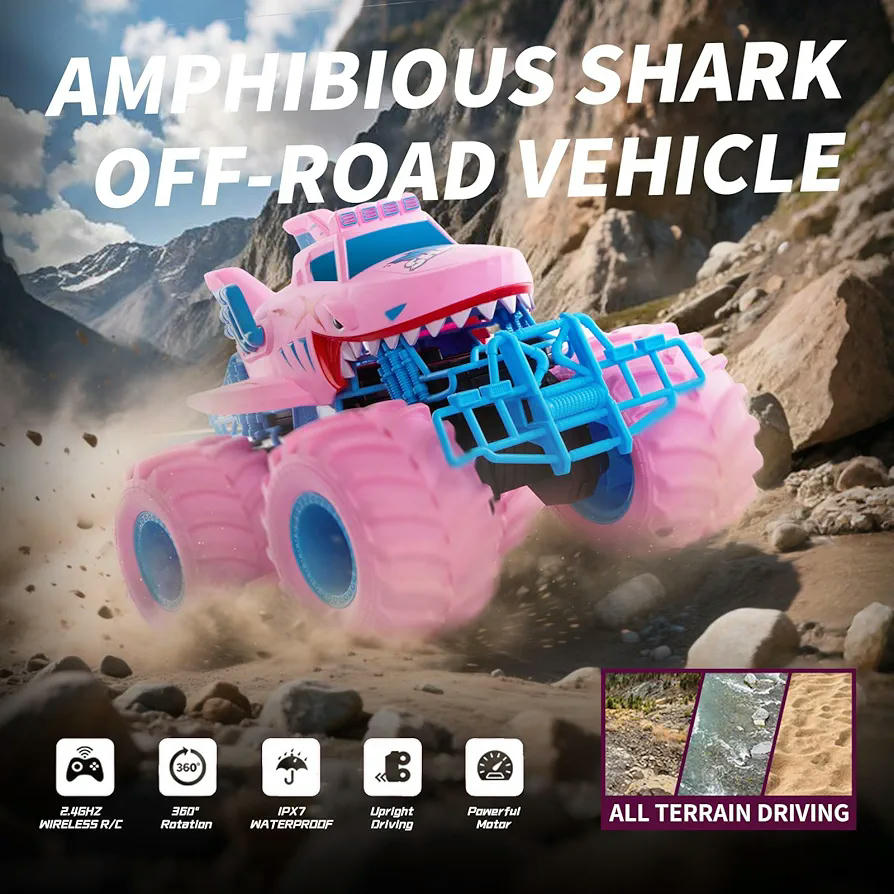 Coche teledirigido anfibio rosa en forma de tiburón para niños y niñas de 4 a 12 años, 4WD