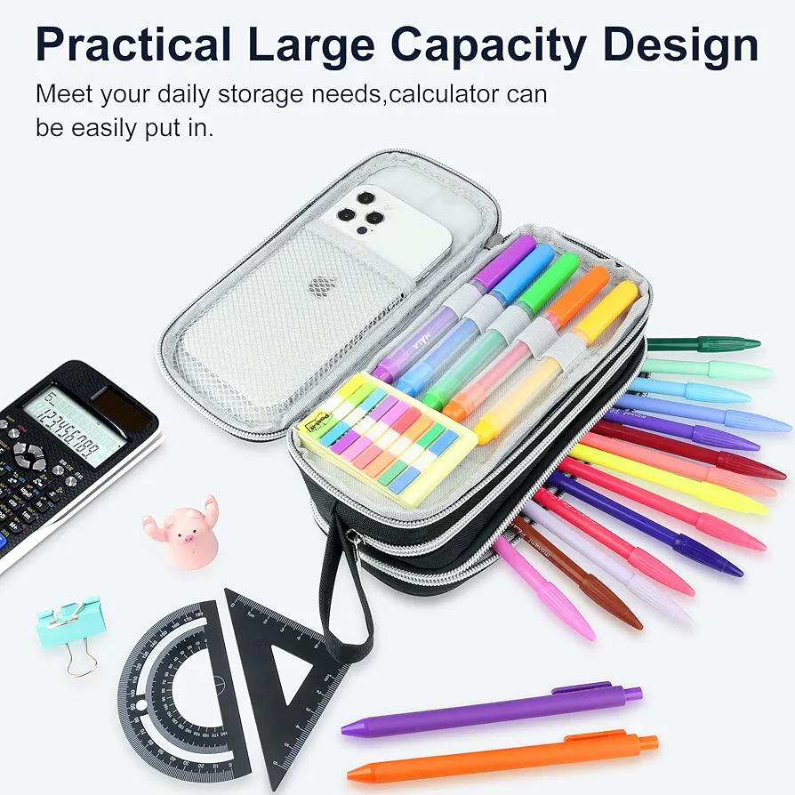 Estuche de gran capacidad con 3 compartimentos, bolsa multifuncional para almacenamiento de artículos escolares, tamaño 22 x 12 x 4 cm, color negro