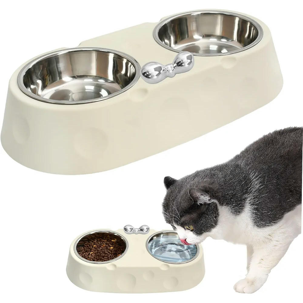 2-in-1 Feeding Station for Pets with Elevated Stainless Steel Bowls and Decorative Design (Beige)