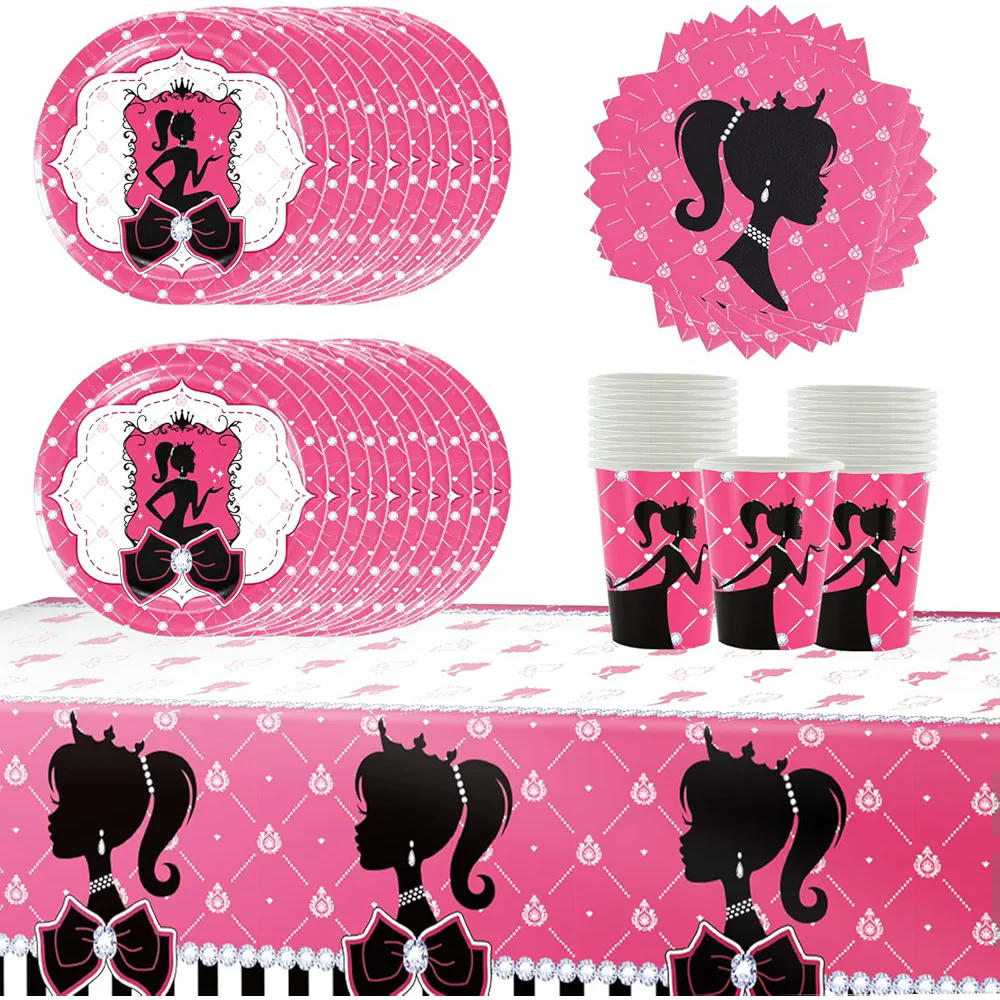 Juego de vajilla de 51 piezas con diseño de motivos para fiestas, ideal para cumpleaños y celebraciones (Rosa)