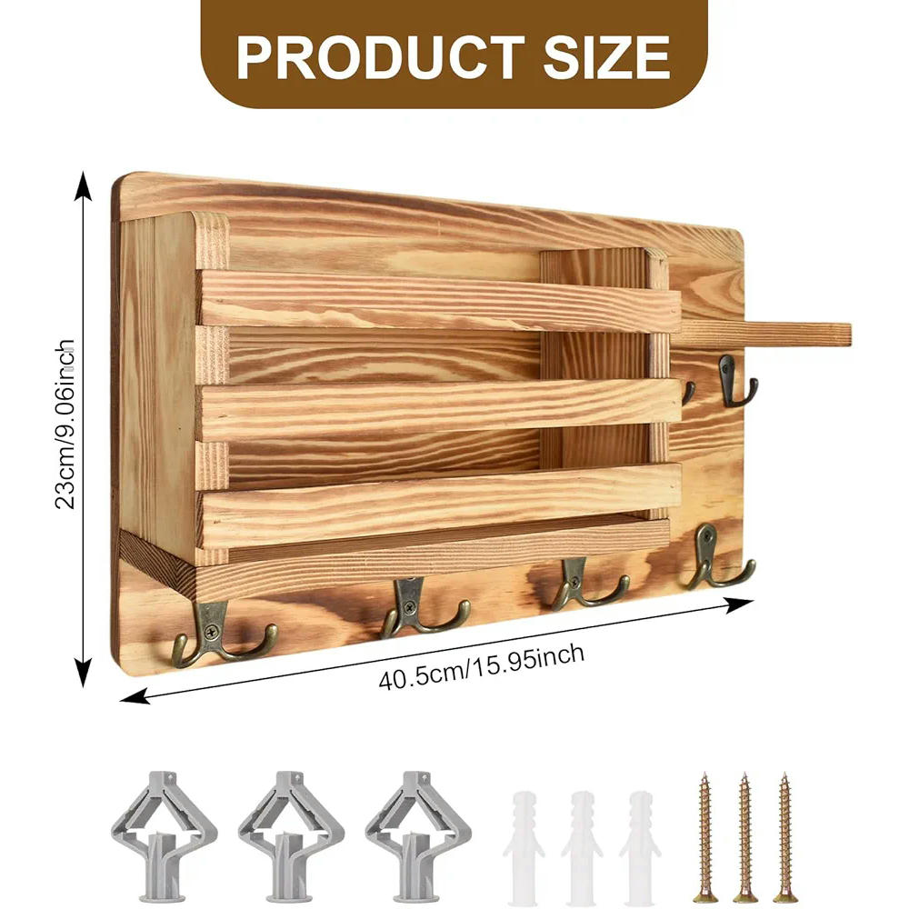 Organizador de Llaves y Correo de Madera Natural con 4 Ganchos Dobles, Estante Pared para Entrada, Diseño Rústico, Compatible con Decoración de Hogar