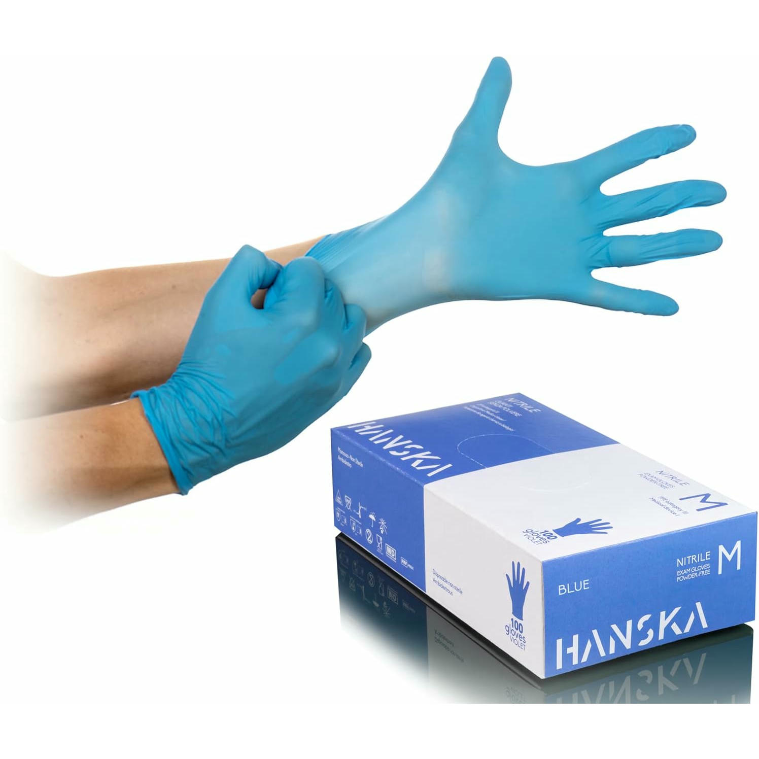 HANSKA Guantes desechables Nitrilo Azul - Sin Polvo - Desechables - Ambidextros - No estériles - Base de goma - Apto para ámbitos médicos, manipulación de alimentos (100, M)