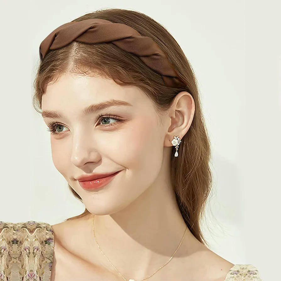 Juego de 3 diademas sólidas para mujeres y niñas, trenzadas anchas, diademas de tela con dientes, accesorios antideslizantes de 3 cm, 3 colores (Marron, Blanco, Negro)