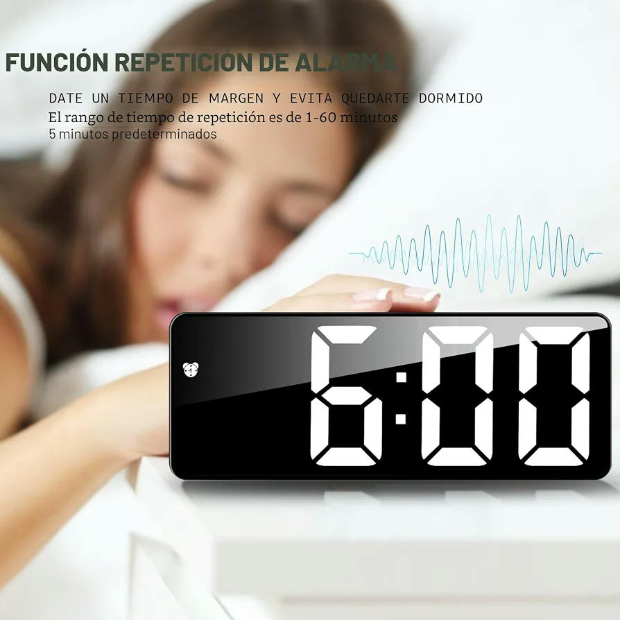 Reloj Despertador Digital con Pantalla LED Grande y Función de Alarma Activada por Sonido (Negro)