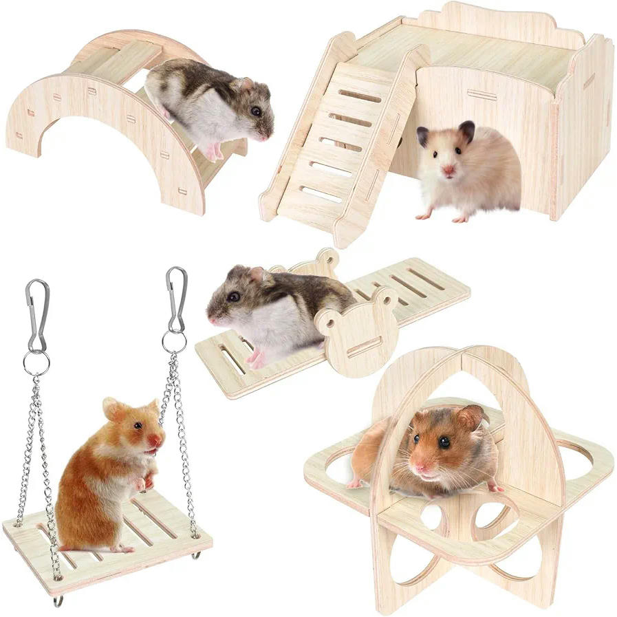 Juego de 5 Piezas para Hámster, Accesorios de Madera Natural, Columpio, Balancín y Casa, Juguetes para Jaula de Mascotas (marrón)