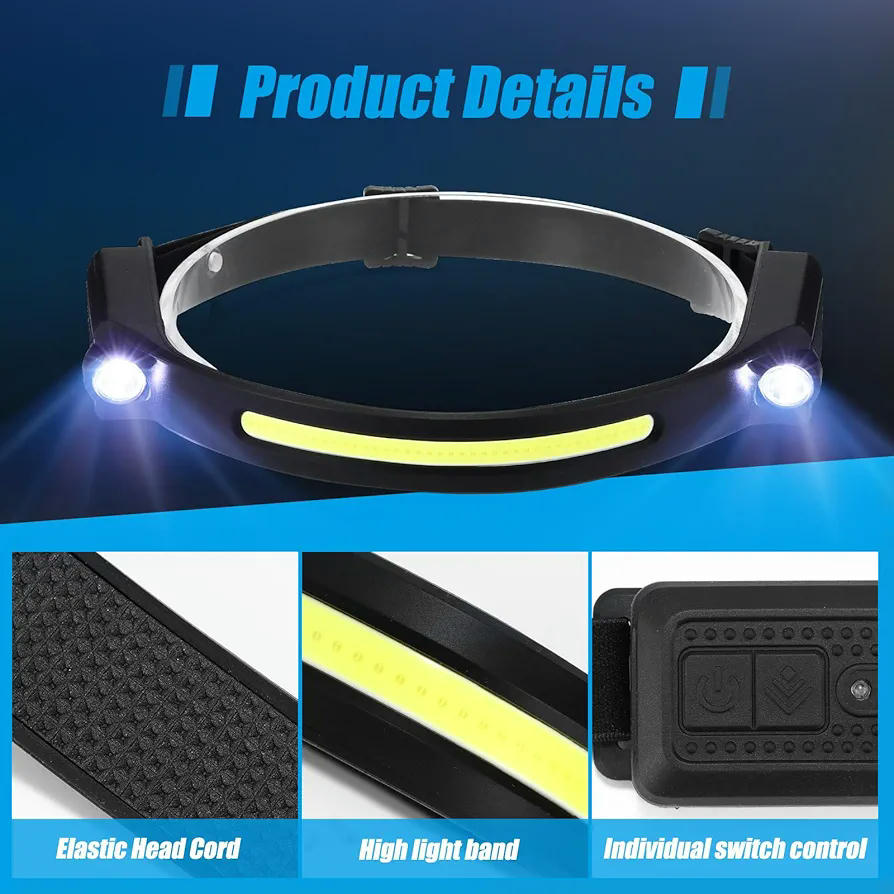 Linterna frontal LED recargable, 2 linternas superbrillantes con sensor de movimiento, 5 modos de iluminación, diadema impermeable, ideal para camping, correr, pesca y ciclismo